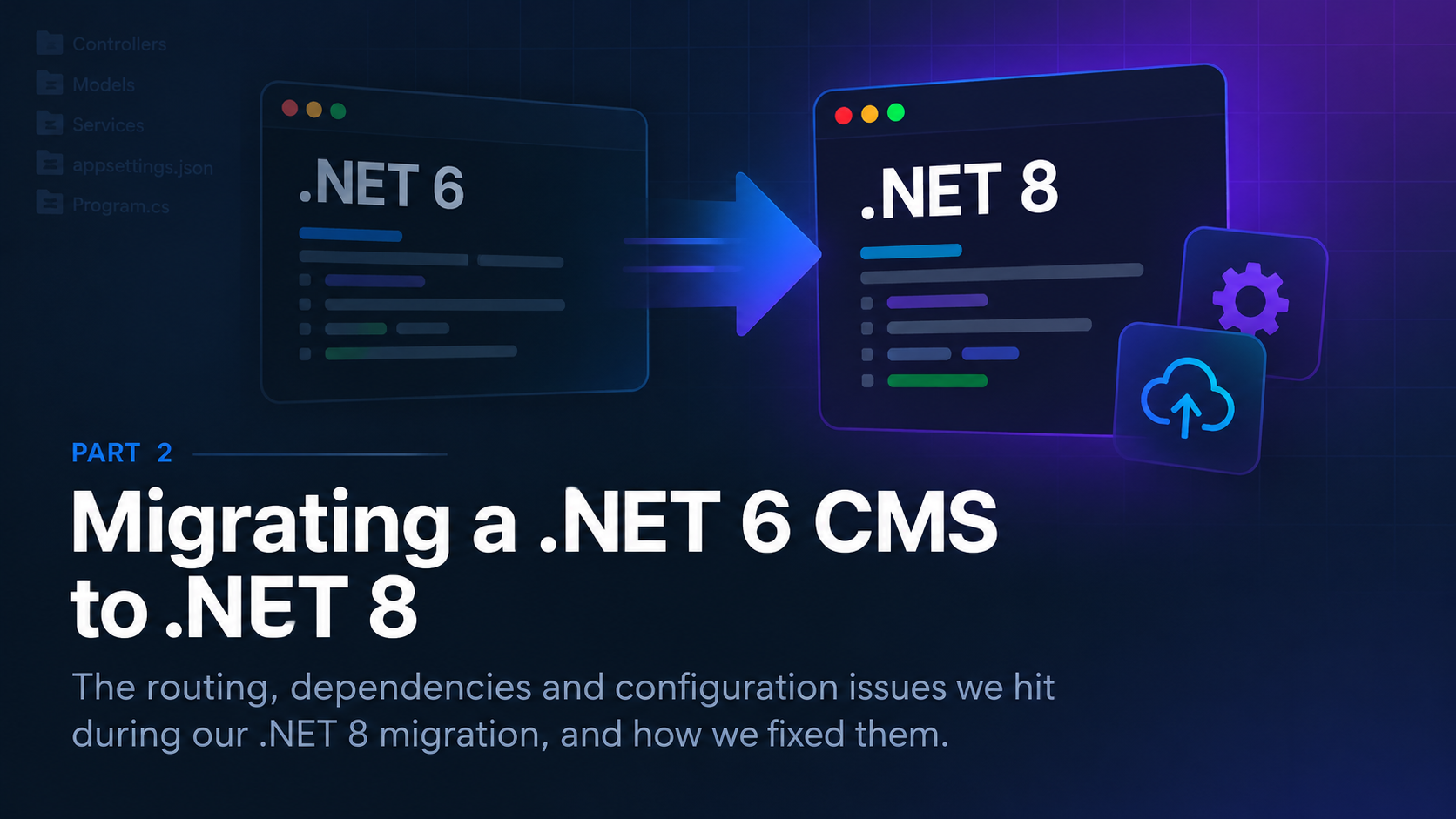 Dark technical banner showing a .NET application being migrated to .NET 8, with code panels and deployment icons.