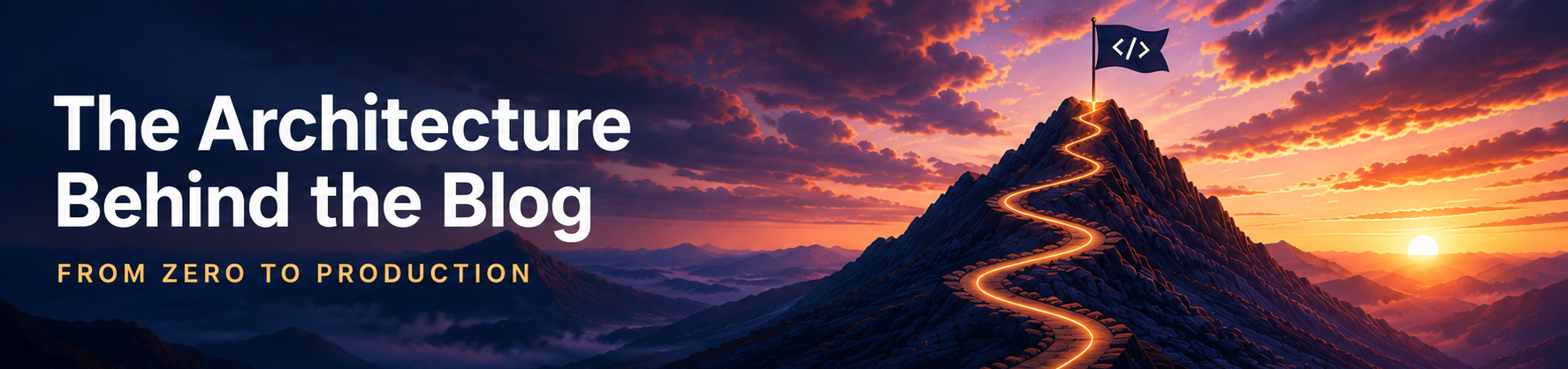 Illustration of a winding path leading up a mountain towards a code flag at the summit, representing the journey from development to production.