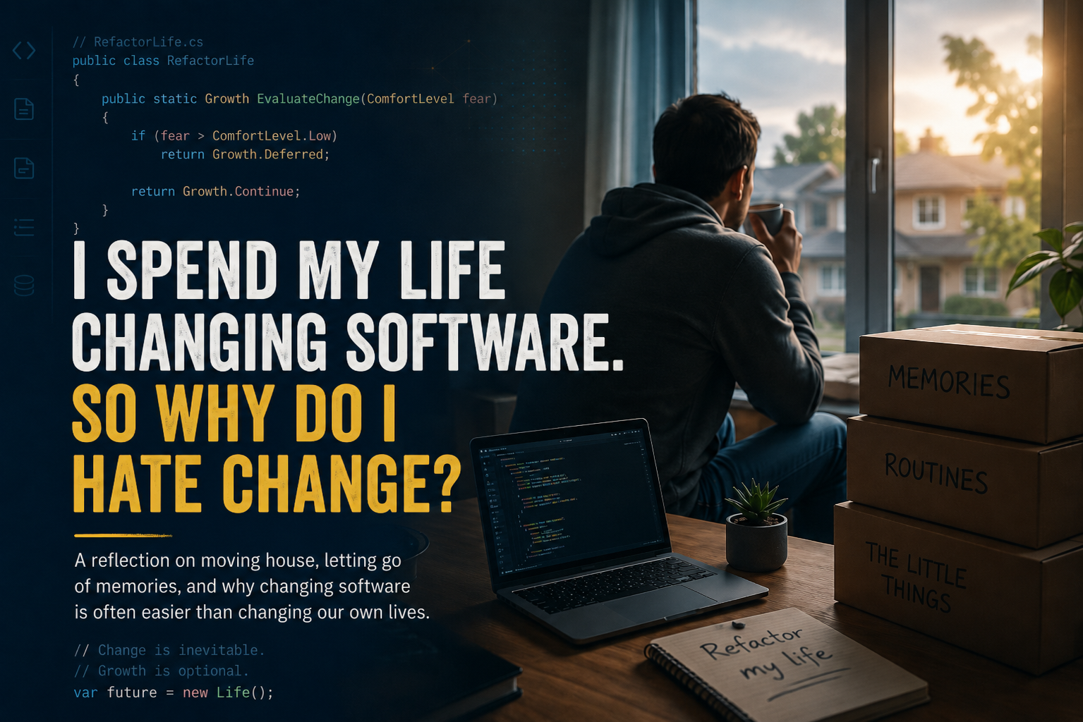 Developer looking out of a window beside moving boxes and a laptop, reflecting on change in life and software.