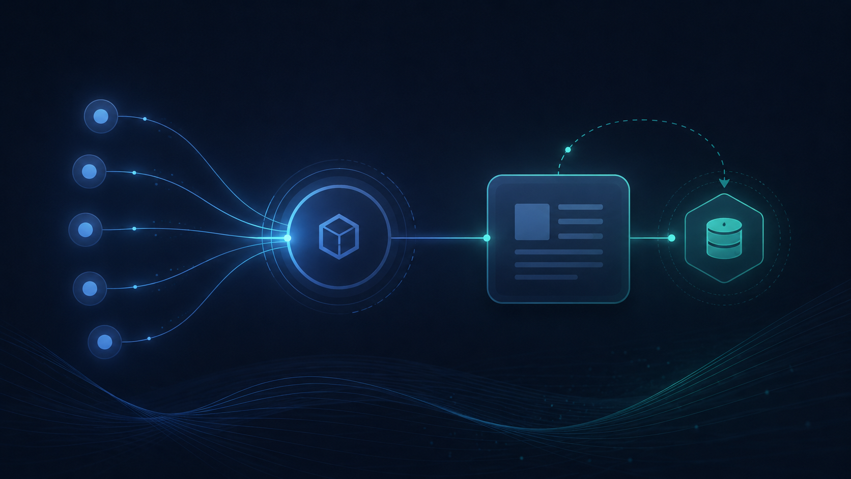 “Abstract illustration of multiple requests converging into a shared cache, with connected content and data storage representing Optimizely caching and invalidation.